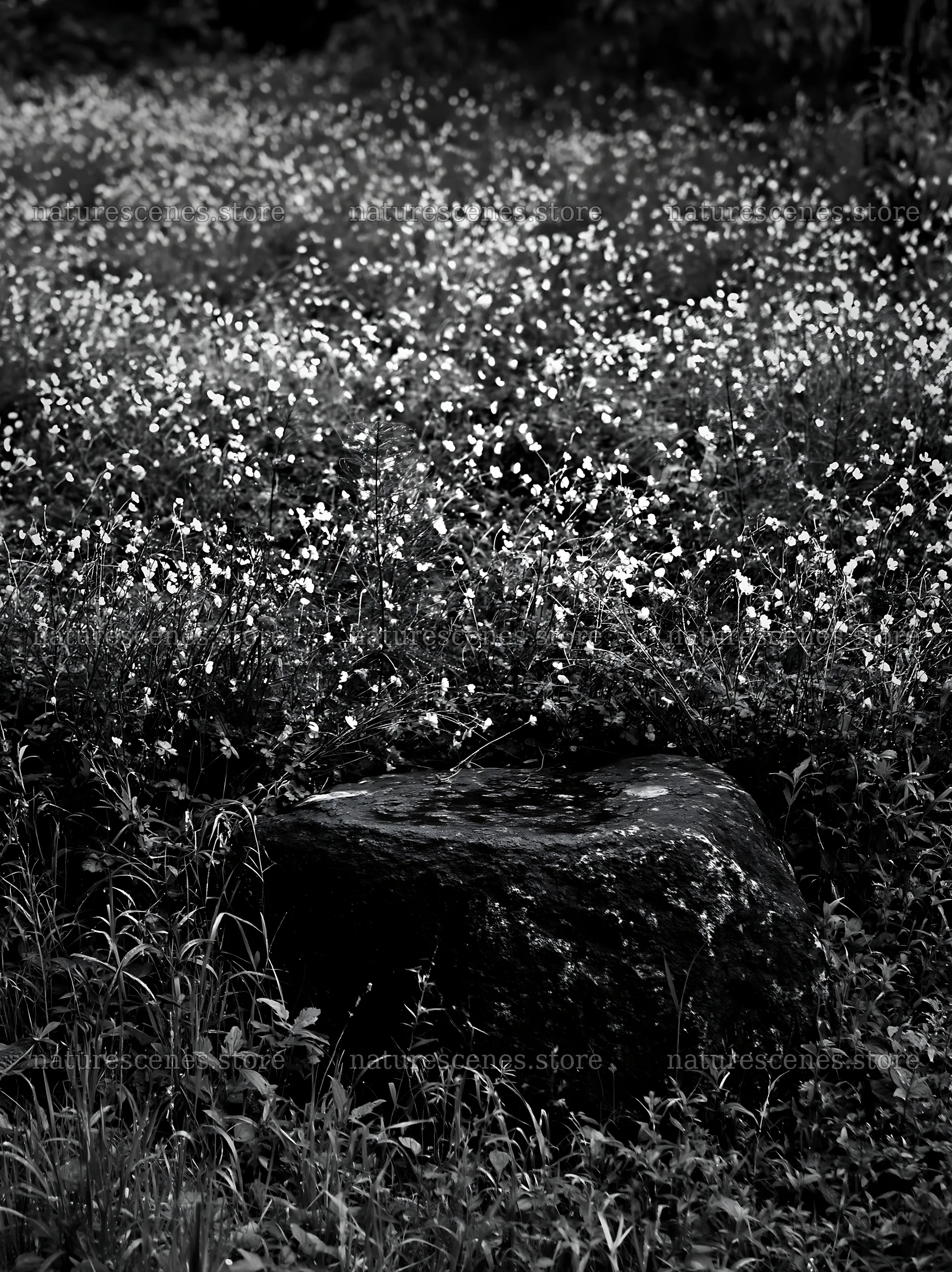 Kyoto spring wildflower meadow with stone in foreground – nature scenes 6866x9174