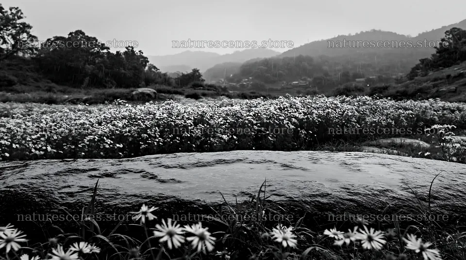 Hiroshima meadow with smooth rock during rainy weather – nature scenes 10608x5938