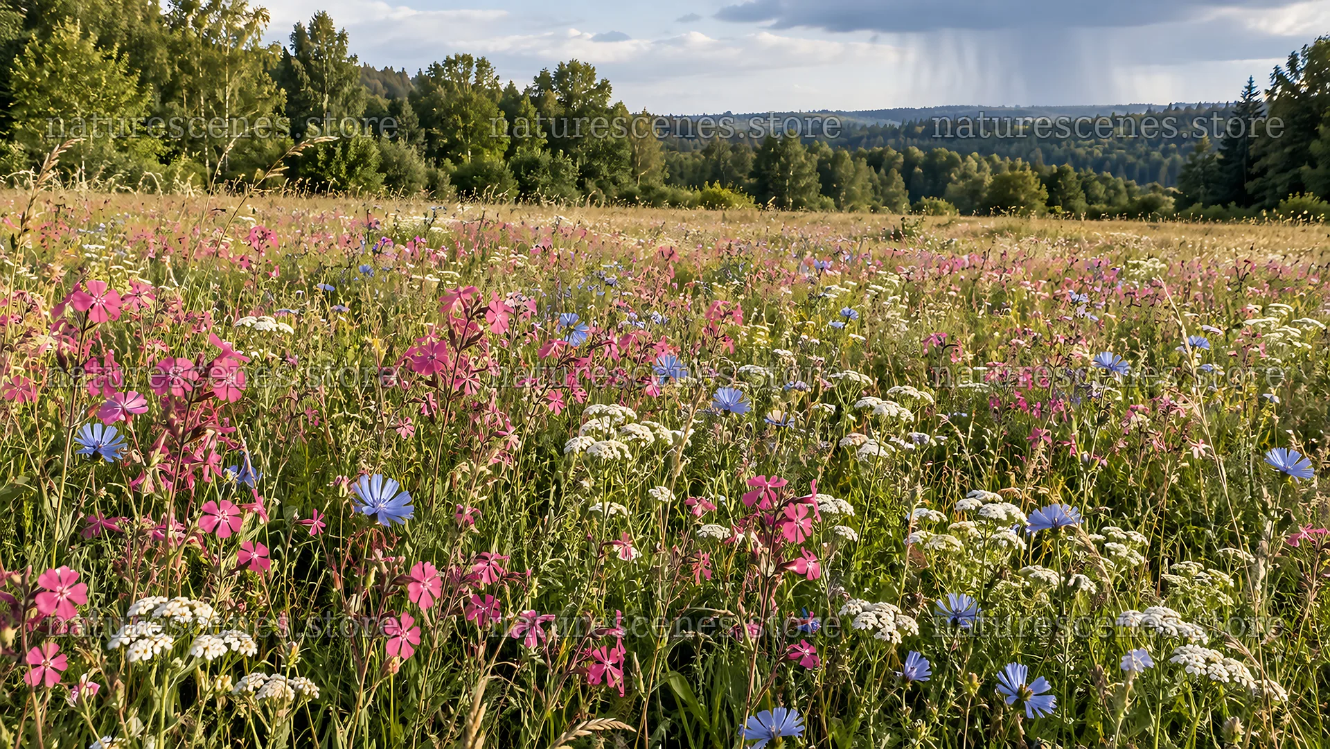 Wildflower Meadow Before a Forested Horizon – nature scenes 10324x5812