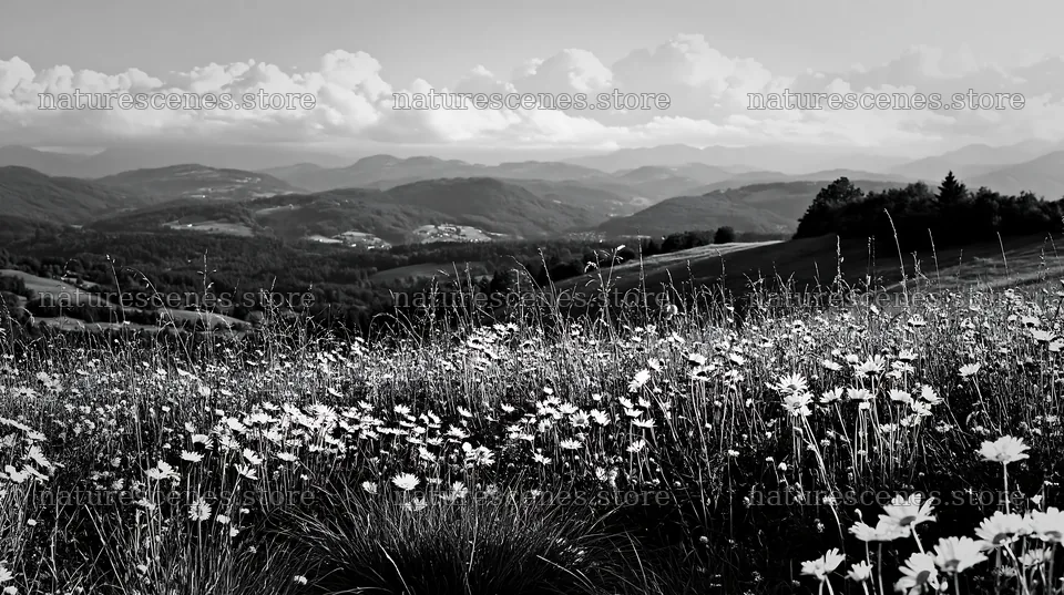 Clover speedwell meadow with hills and clouds in black and white – nature scenes 10608x5938