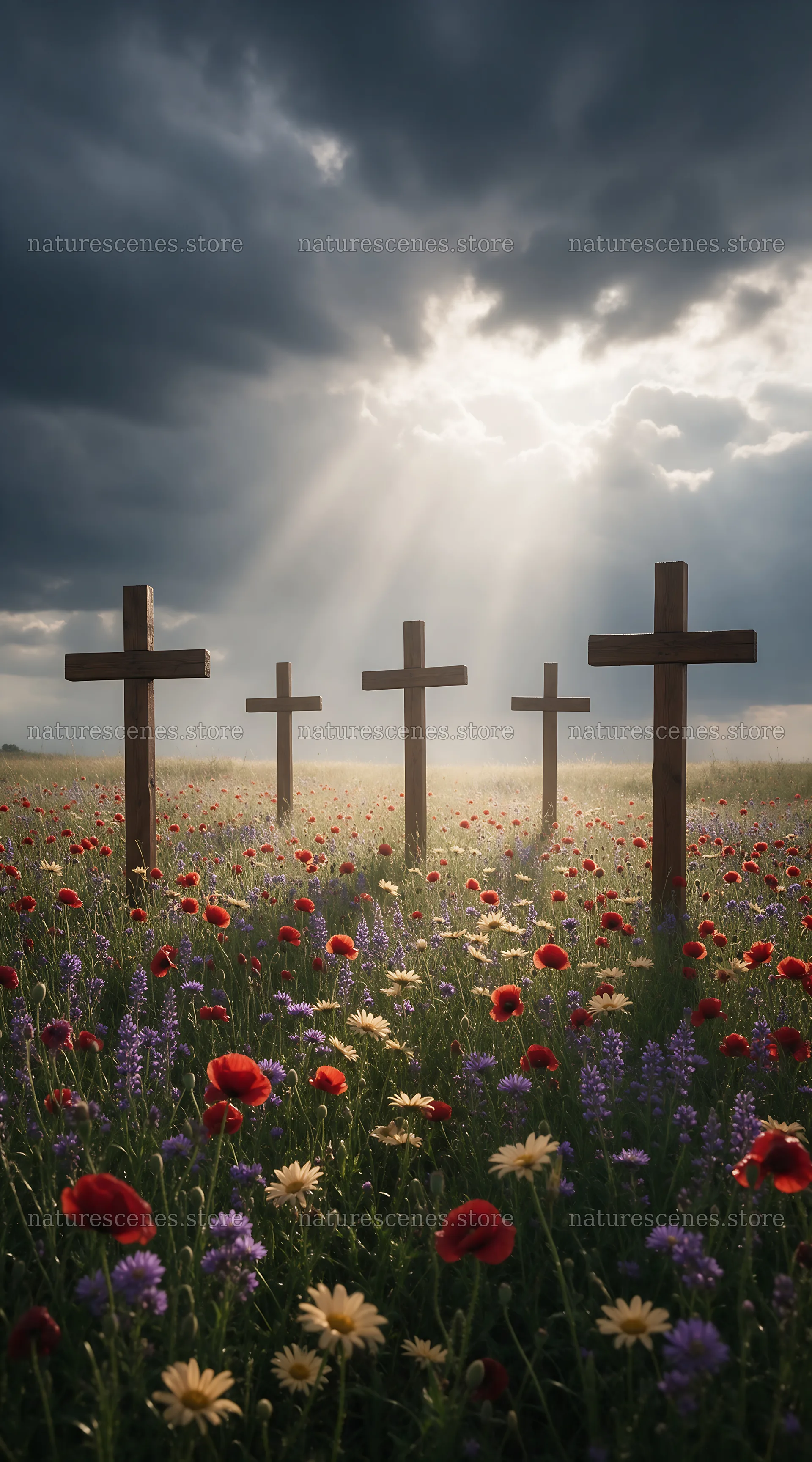 Christian crosses in a meadow with sunbeams and flowers – nature scenes 5916x10648