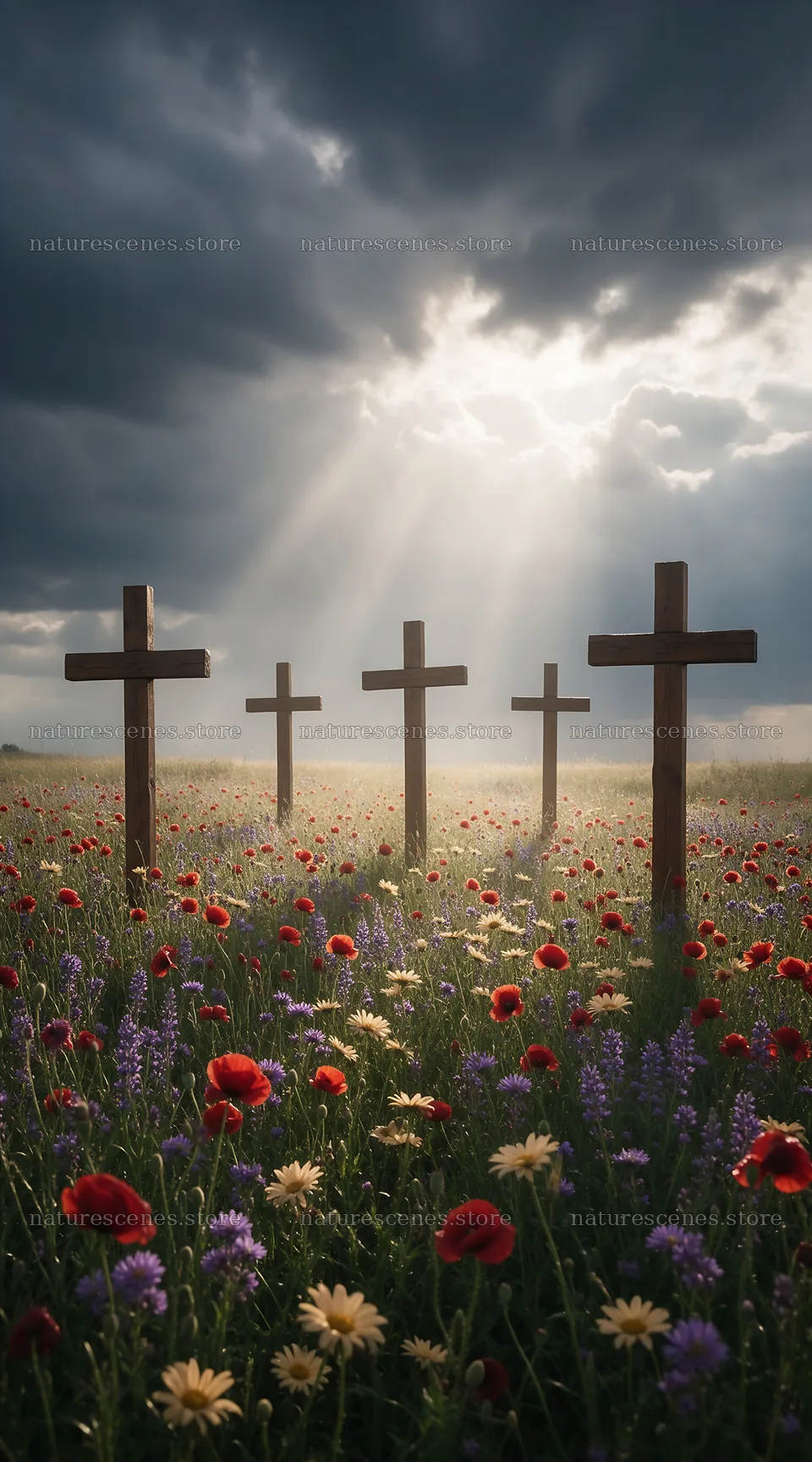Christian crosses in a meadow with sunbeams and flowers – nature scenes 5916x10648