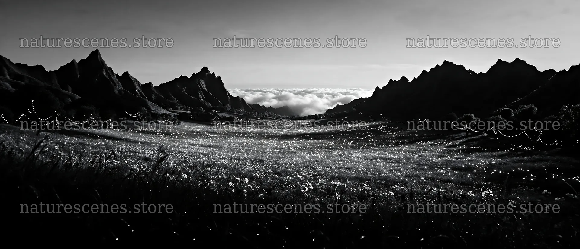 Warm Christmas lights across mountain valley meadow – nature scenes 12094x5210