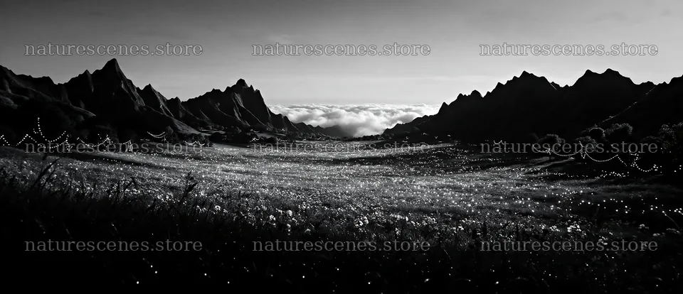Warm Christmas lights across mountain valley meadow – nature scenes 12094x5210