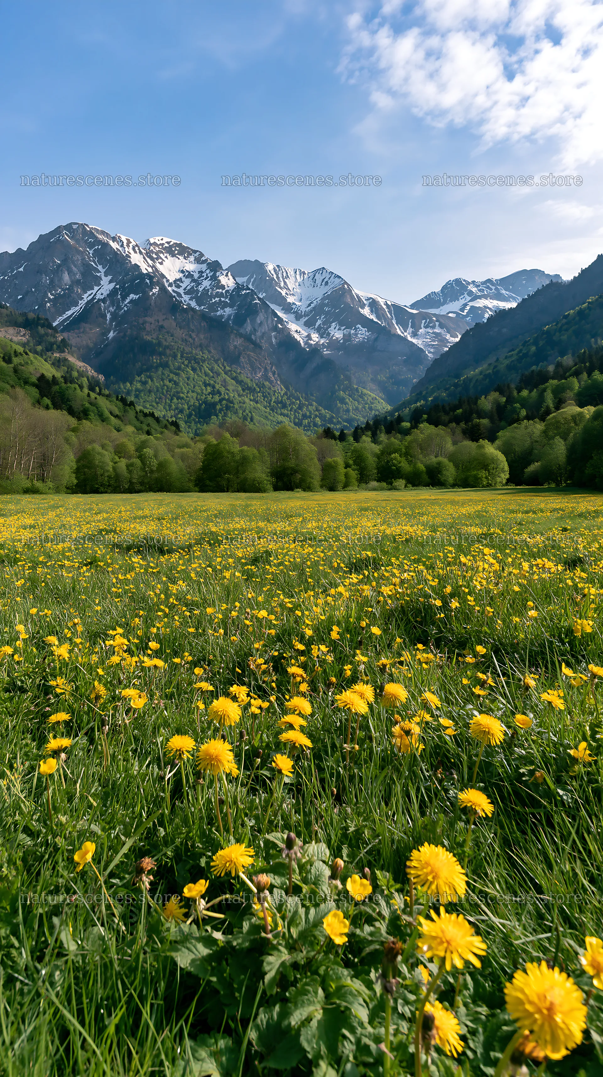 French meadow with flowers and Pyrenees mountains in background – nature scenes 5938x10608