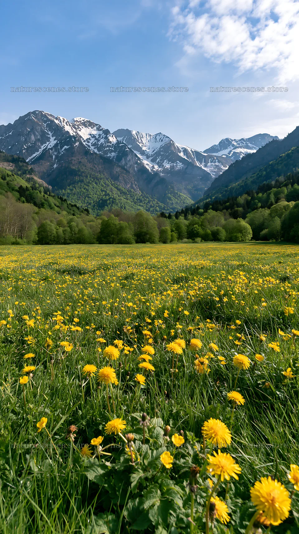French meadow with flowers and Pyrenees mountains in background – nature scenes 5938x10608