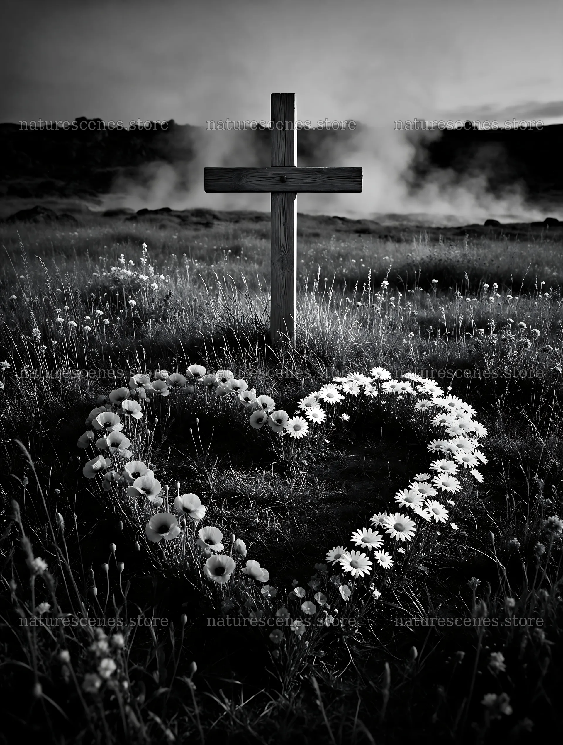 Wooden cross in hot spring meadow surrounded by flowers – nature scenes 6898x9134
