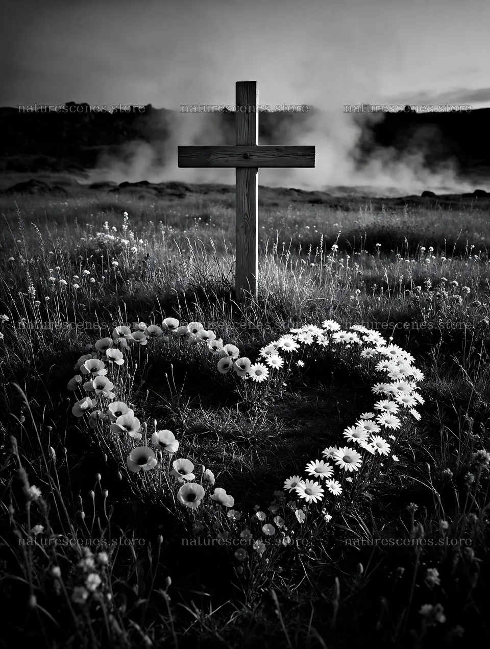 Wooden cross in hot spring meadow surrounded by flowers – nature scenes 6898x9134
