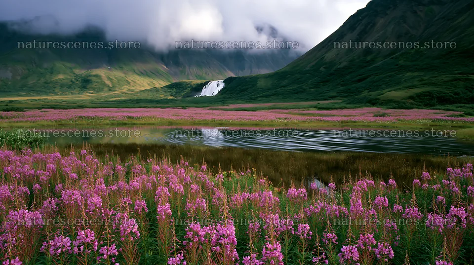 Flower meadow with waterfall reflection under cloudy sky – nature scenes 10608x5938