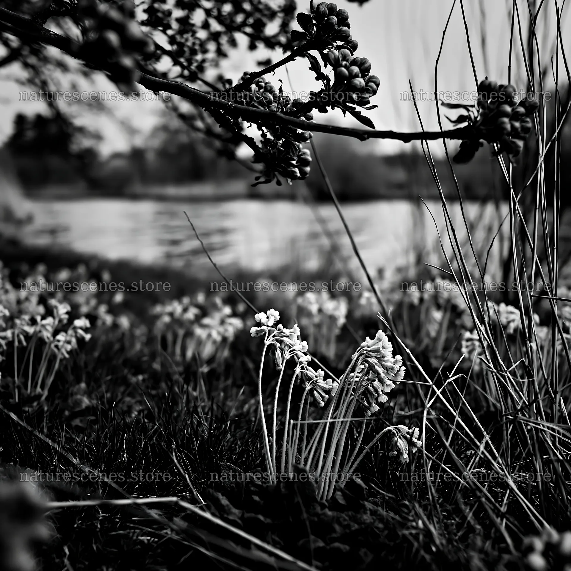 Lakeside orchard meadow with flowers in springtime setting – nature scenes 7938x7938