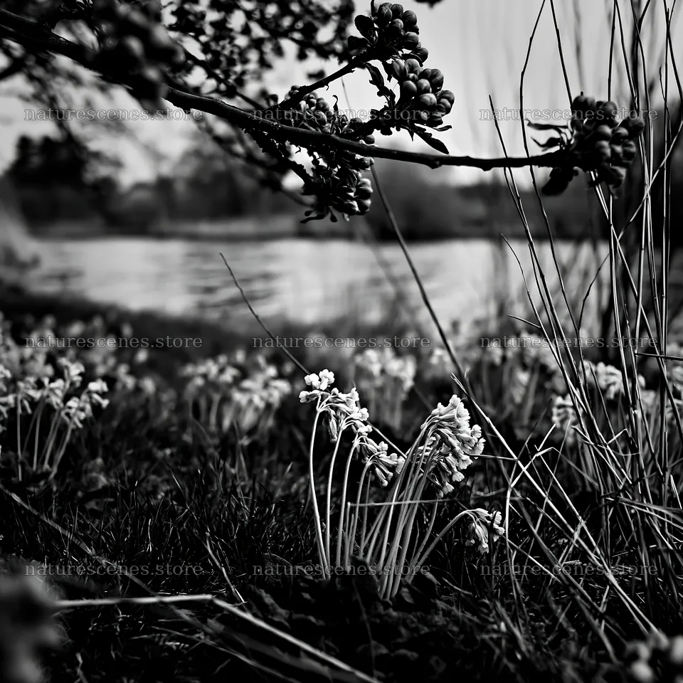 Lakeside orchard meadow with flowers in springtime setting – nature scenes 7938x7938