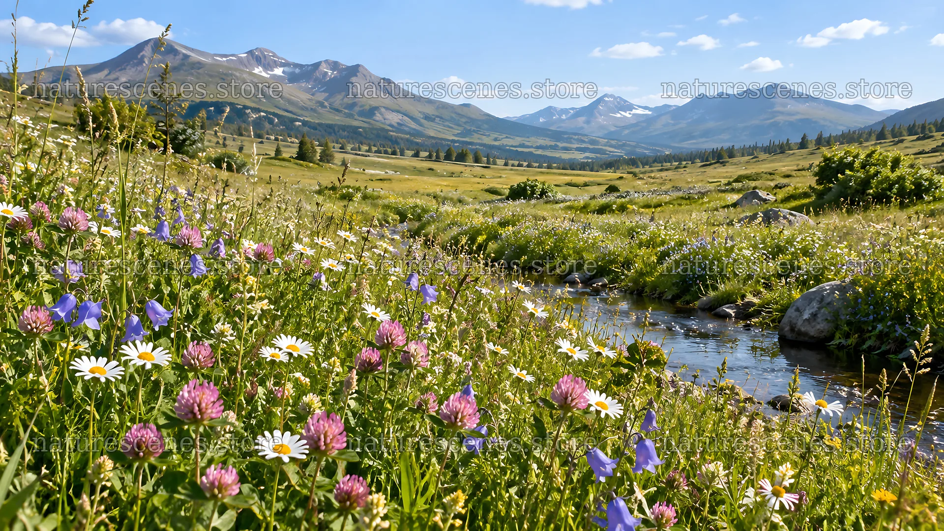 Wildflower Meadow Along a Mountain Stream – nature scenes 10324x5812