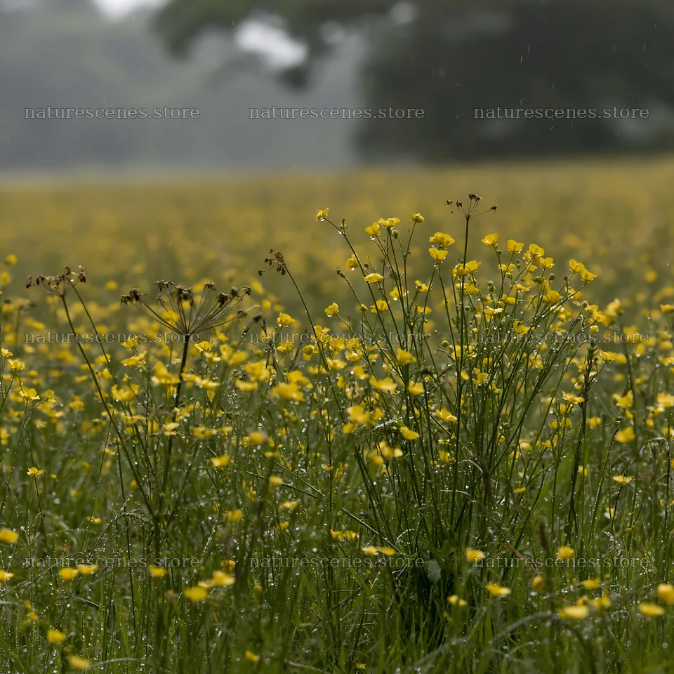 Buttercup meadow in rain with flowers and green grass – nature scenes 7938x7938