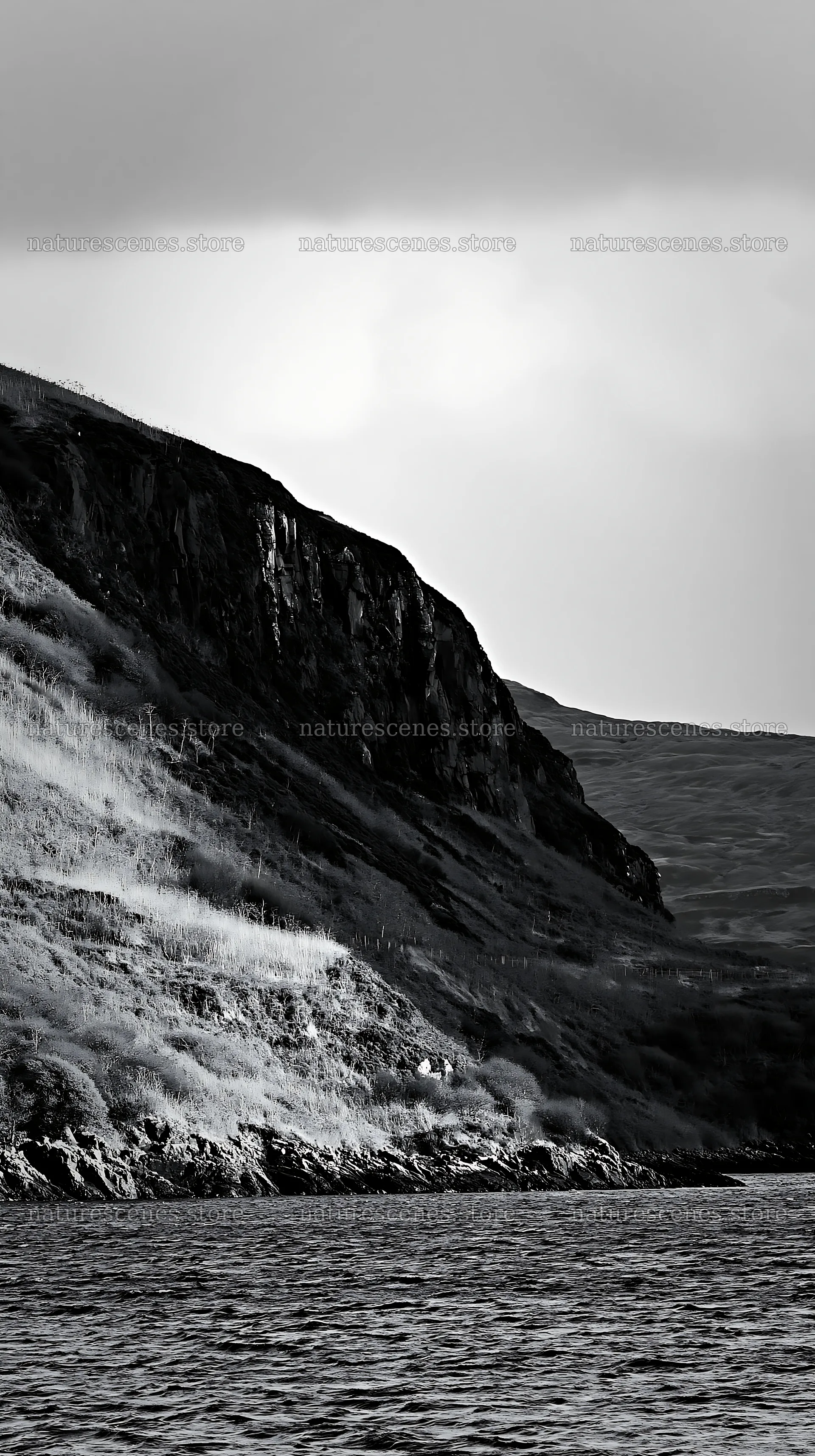 Coastal cliff meadow with rocky terrain and water – nature scenes 5938x10608