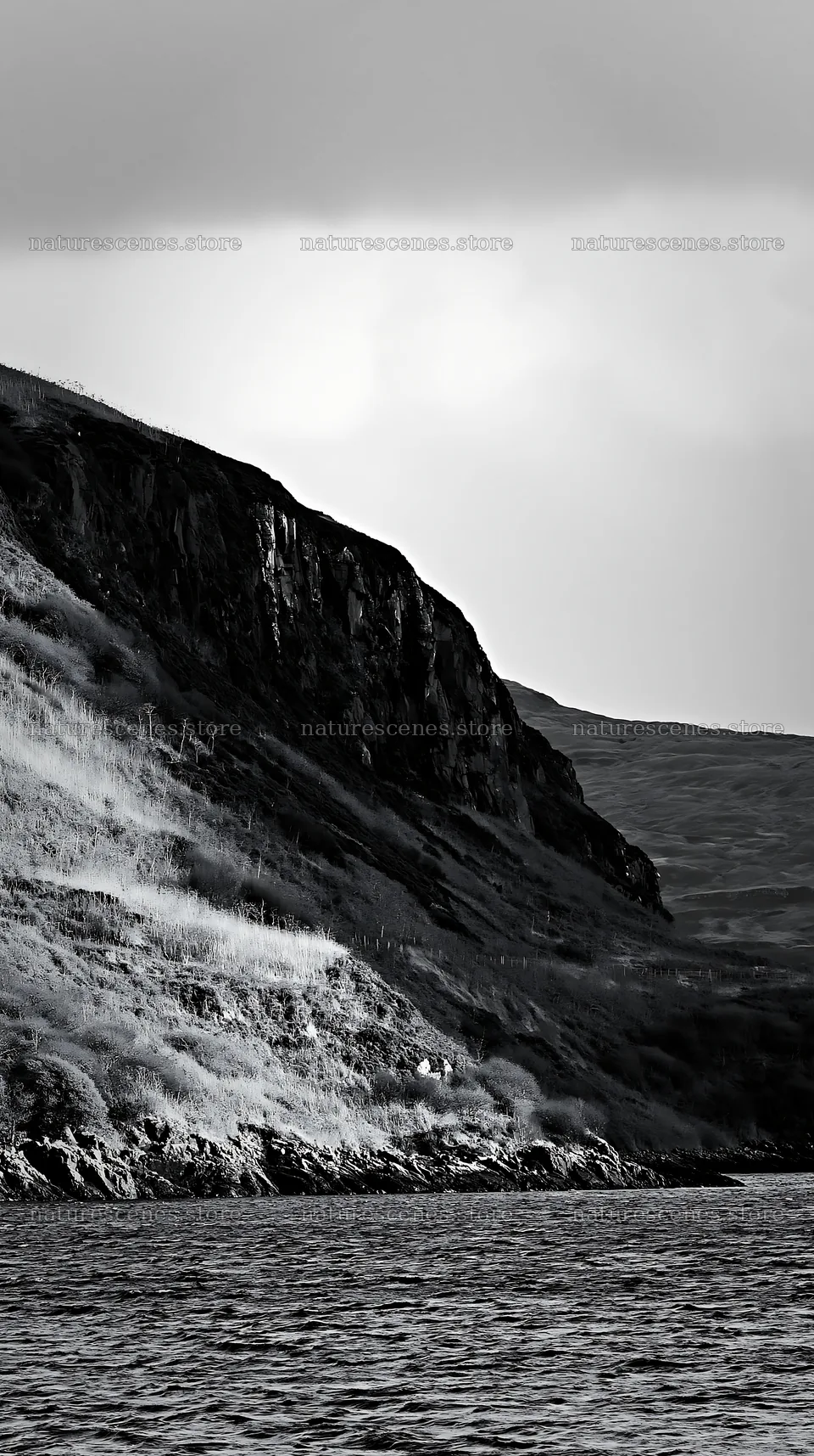Coastal cliff meadow with rocky terrain and water – nature scenes 5938x10608