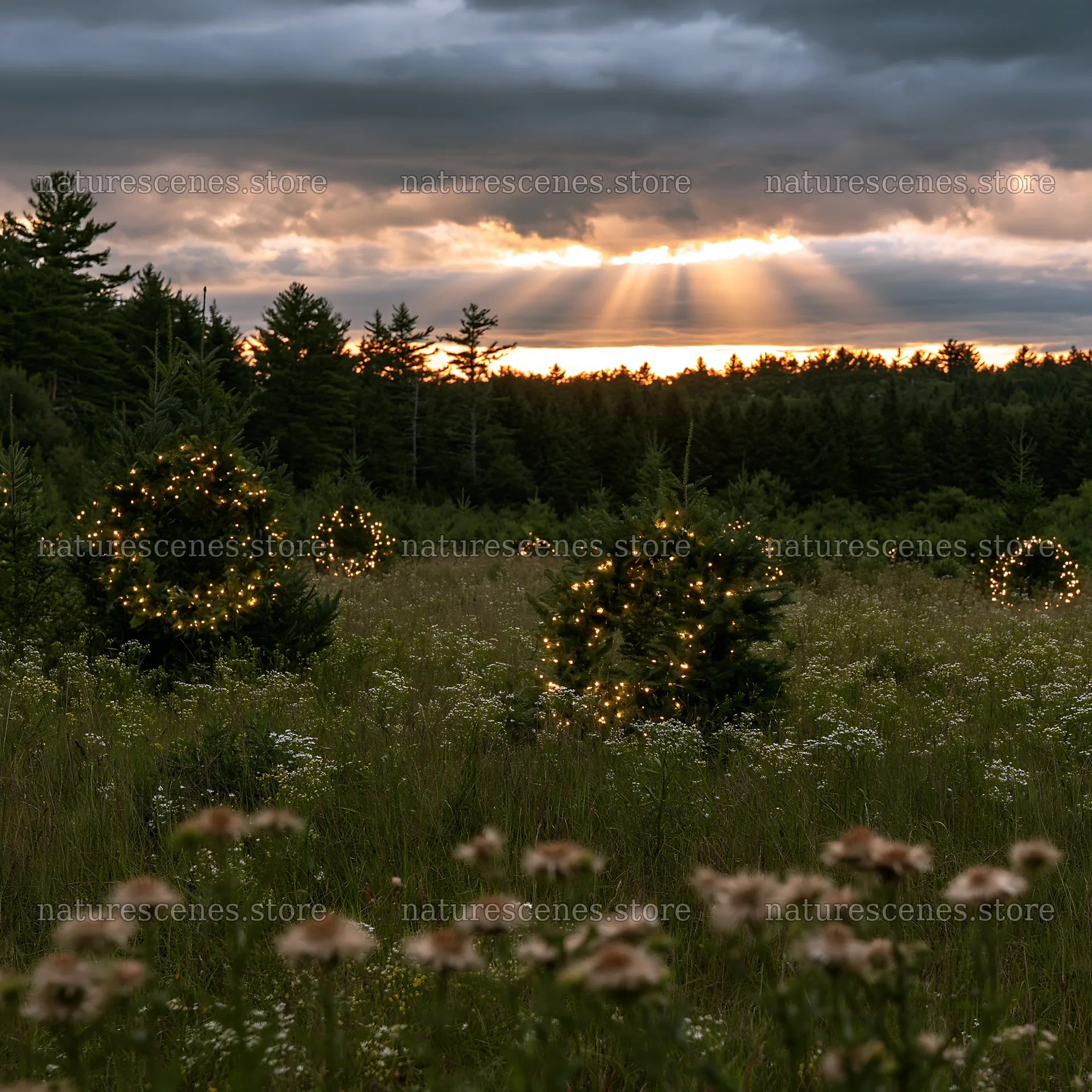 Christmas wreaths in meadow with clouds and sun rays – nature scenes 7938x7938