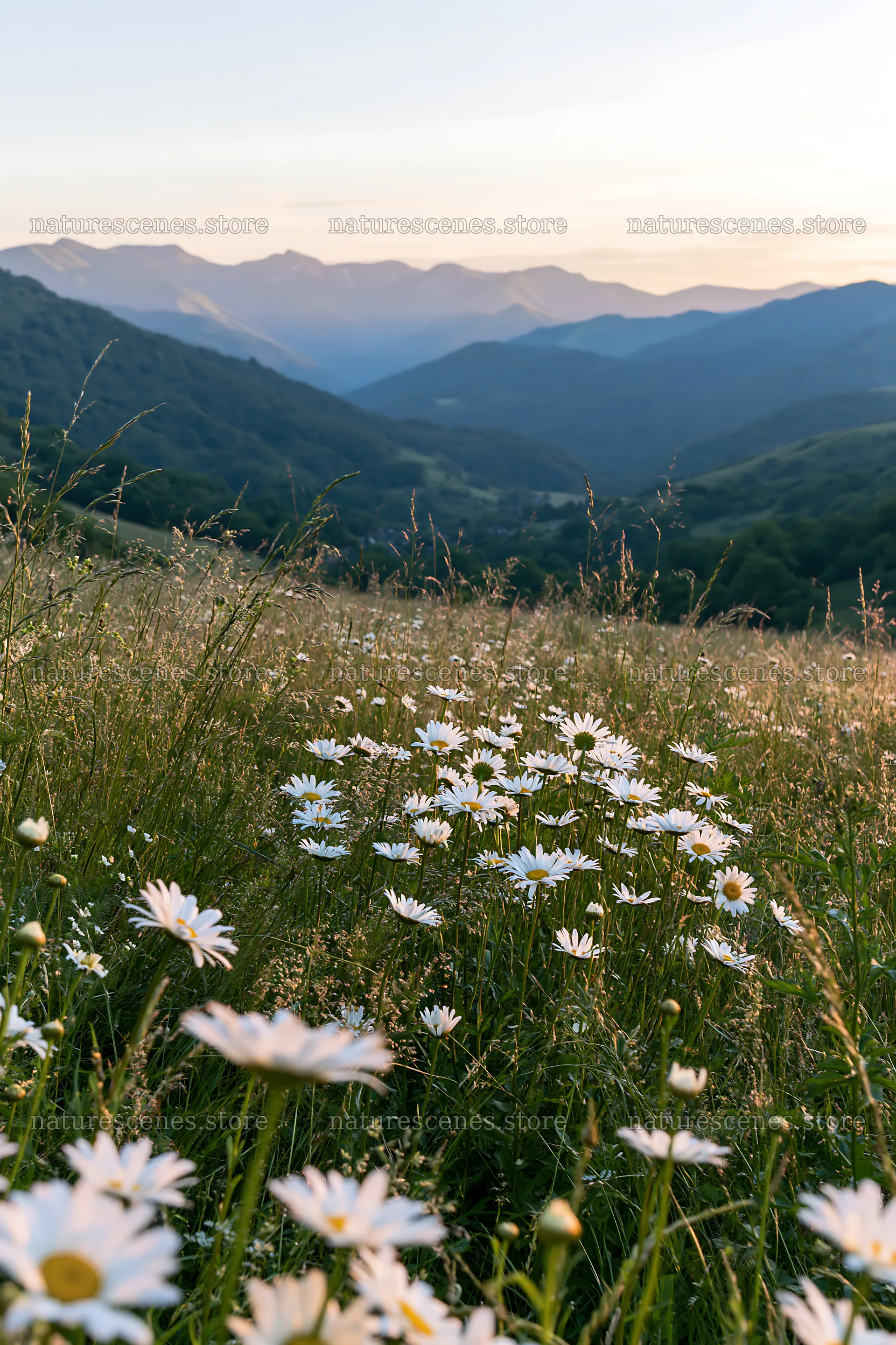 French meadow with flowers and Pyrenees mountains at sunset – nature scenes 6480x9722