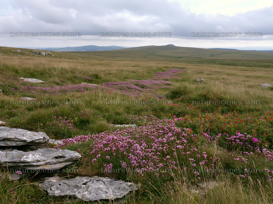 Cloudy limestone meadow with flowers and distant hills – nature scenes 9174x6866