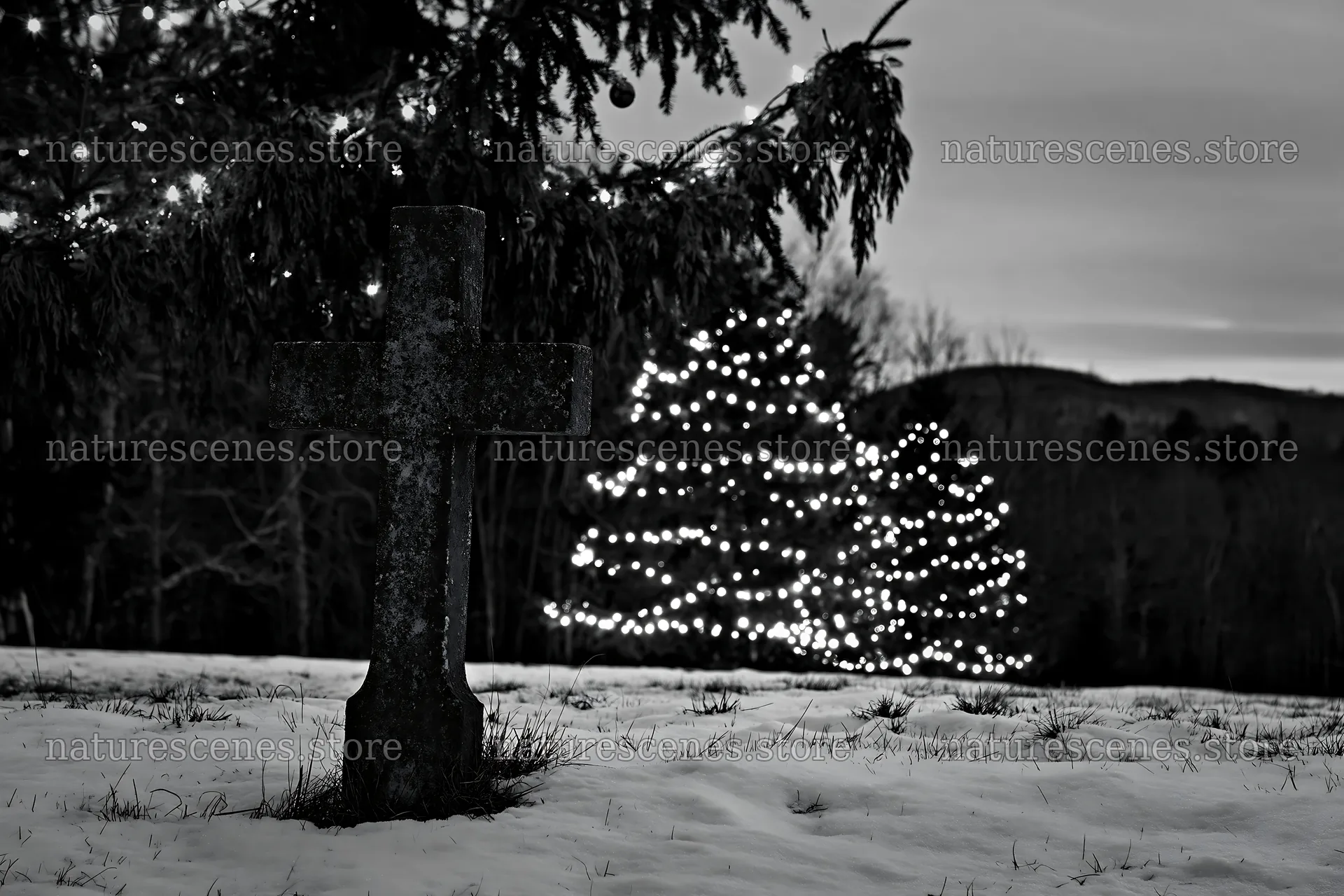Weathered Christian cross in snowy meadow at dusk – nature scenes 9722x6480