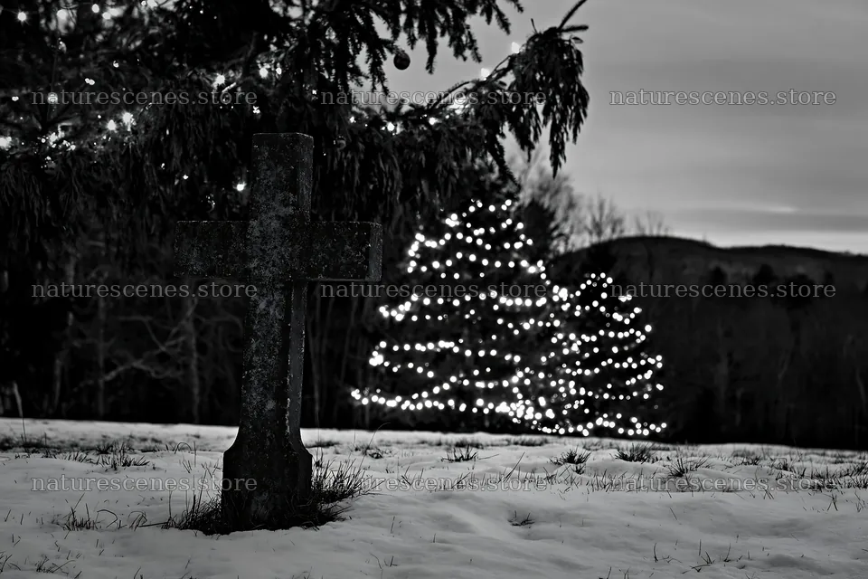 Weathered Christian cross in snowy meadow at dusk – nature scenes 9722x6480