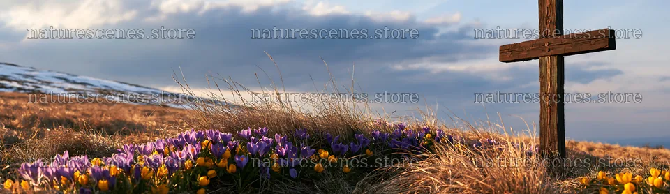 Rustic Christian cross in winter meadow with flowers – nature scenes 14762x4268