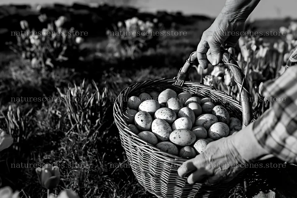Easter basket filled with eggs in a meadow setting – nature scenes 9722x6480