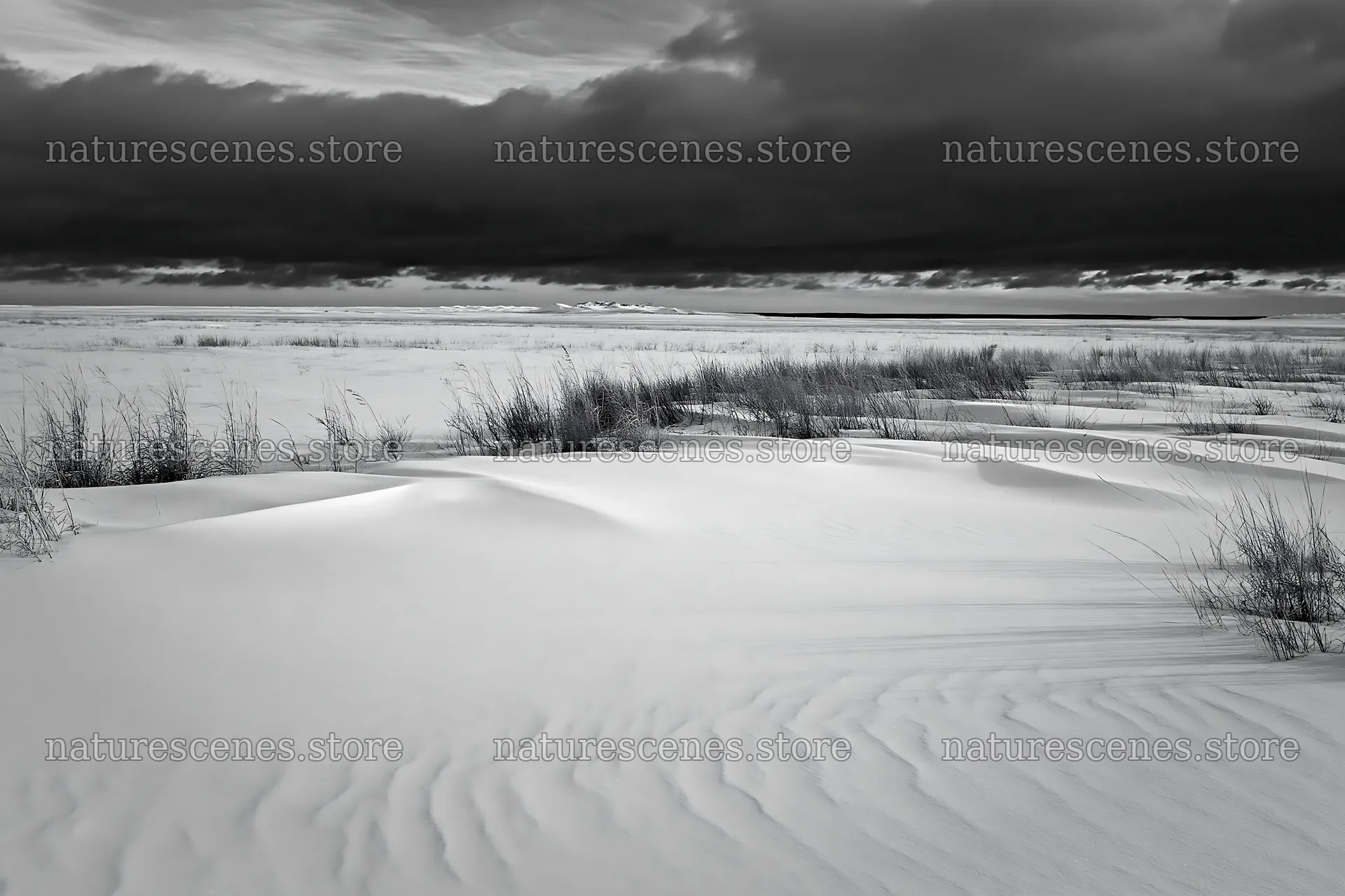 Snowdrift meadow under a dark cloudy sky – nature scenes 9722x6480