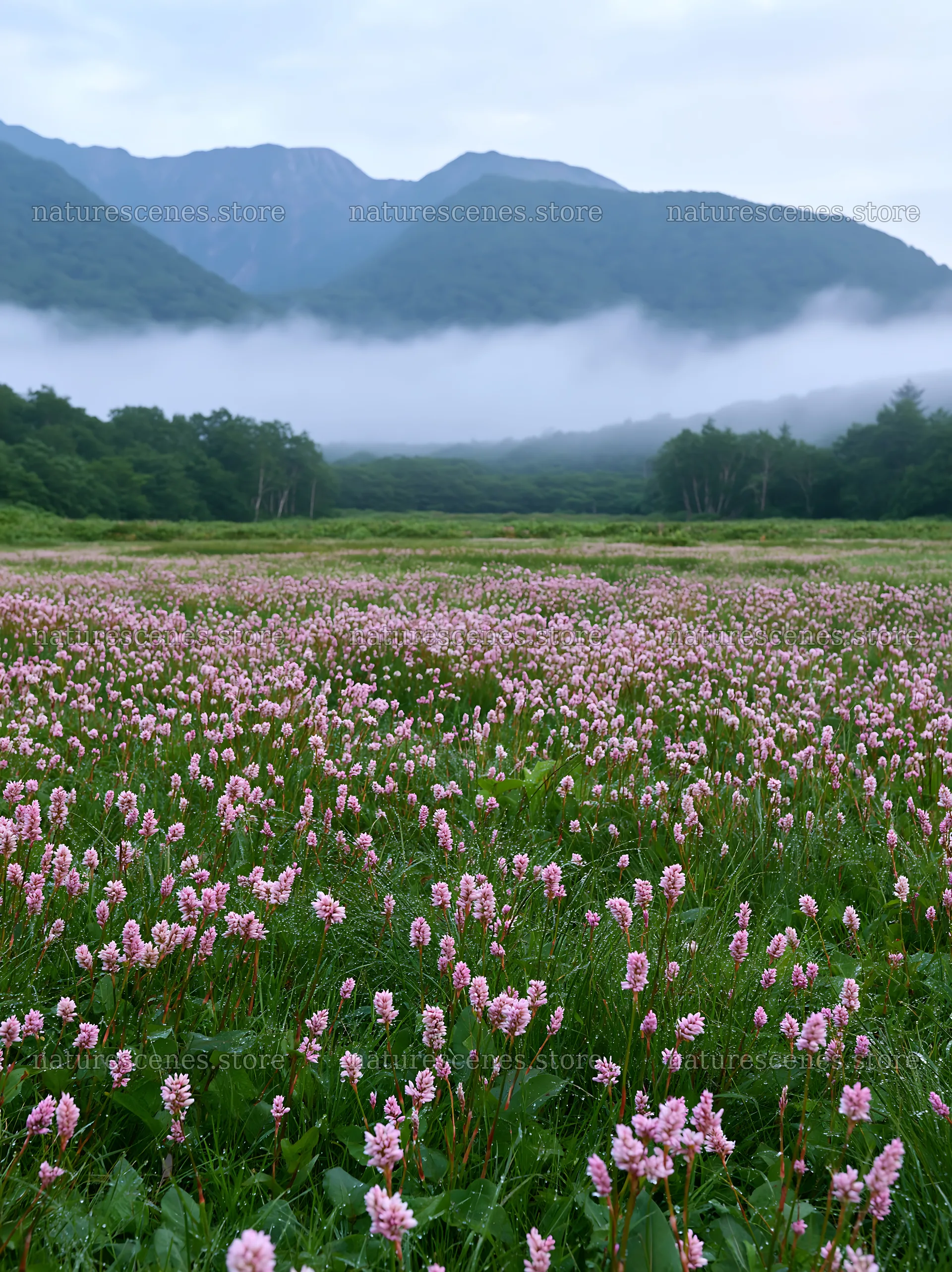 Expansive Hokkaido restoration meadow with dewdrops – nature scenes 6866x9174