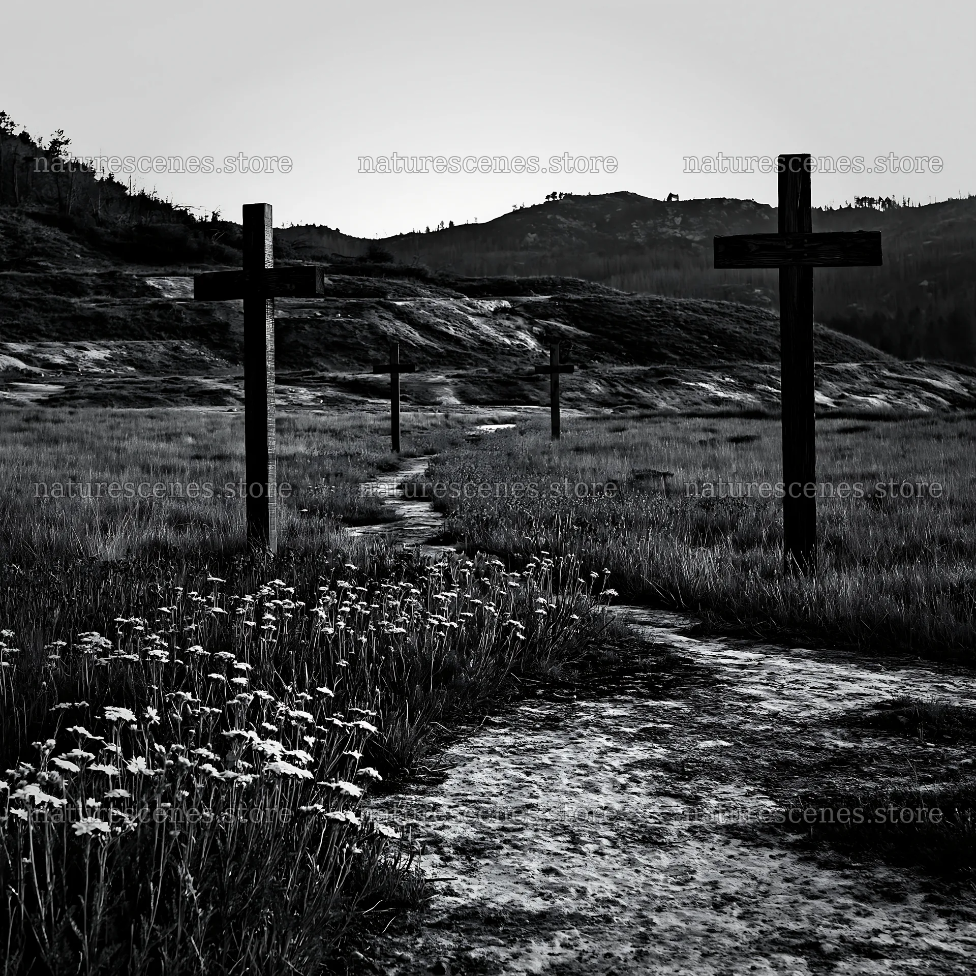 Christian crosses beside mineral spring meadow in black and white – nature scenes 7938x7938