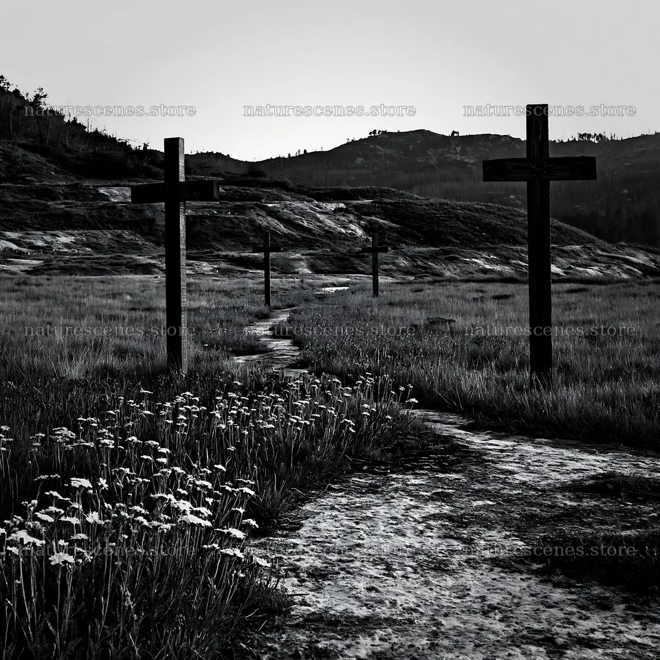 Christian crosses beside mineral spring meadow in black and white – nature scenes 7938x7938