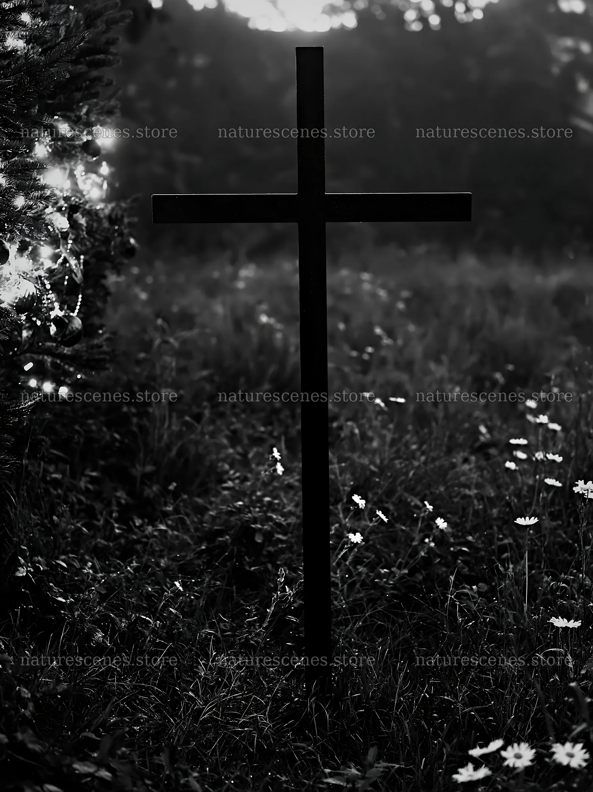 Christian cross standing in Christmas meadow with flowers – nature scenes 6866x9174