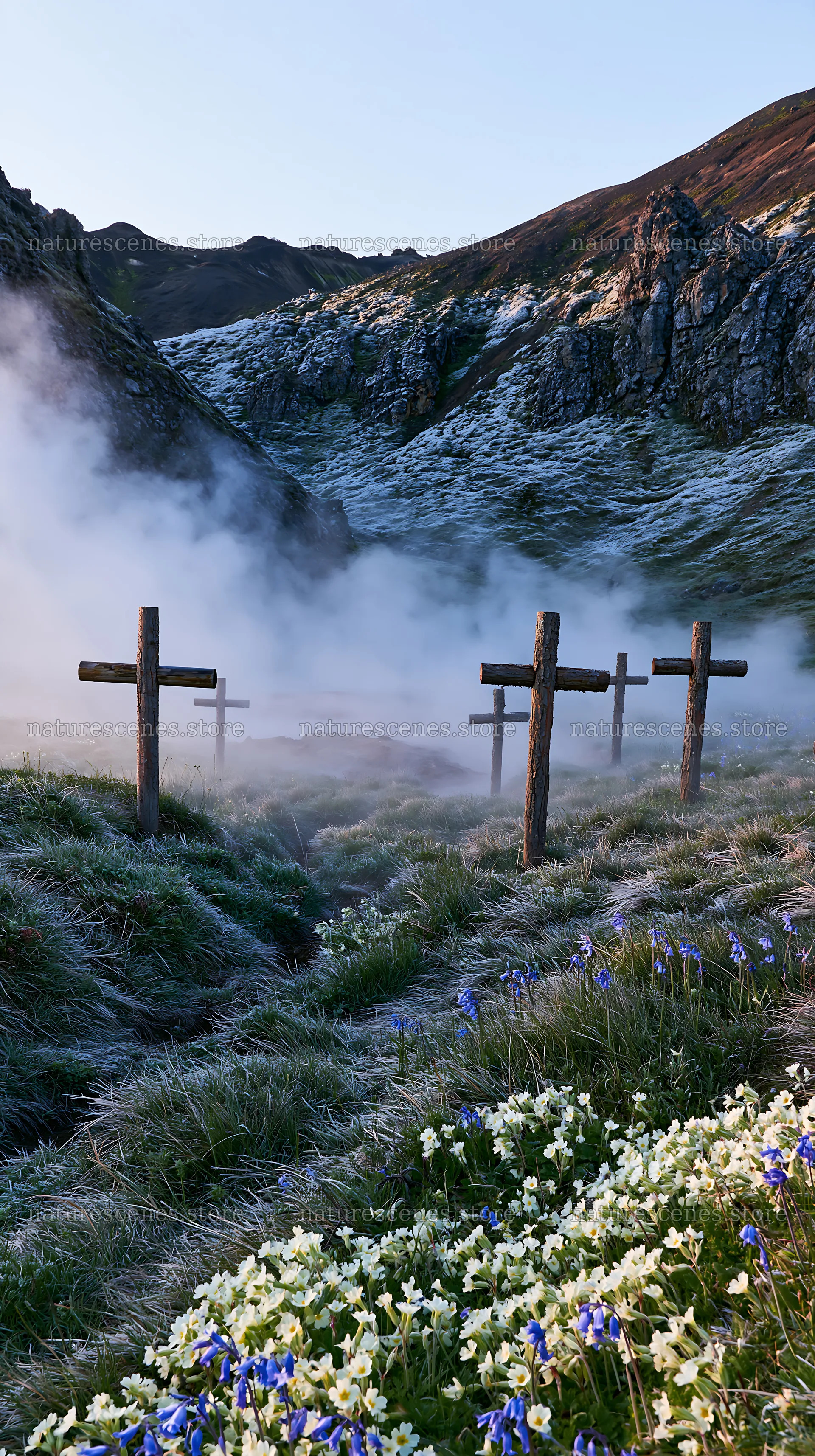 Christian crosses in geothermal spring meadow – nature scenes 5938x10608
