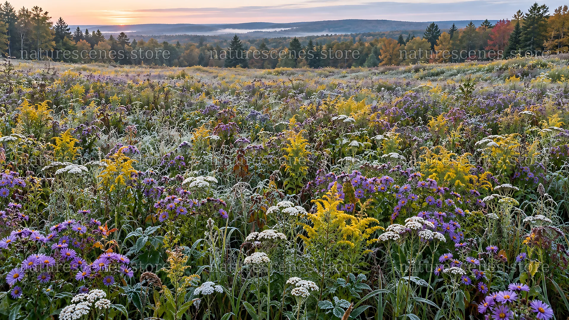 Wildflower meadow before an autumn forest – nature scenes 10324x5812
