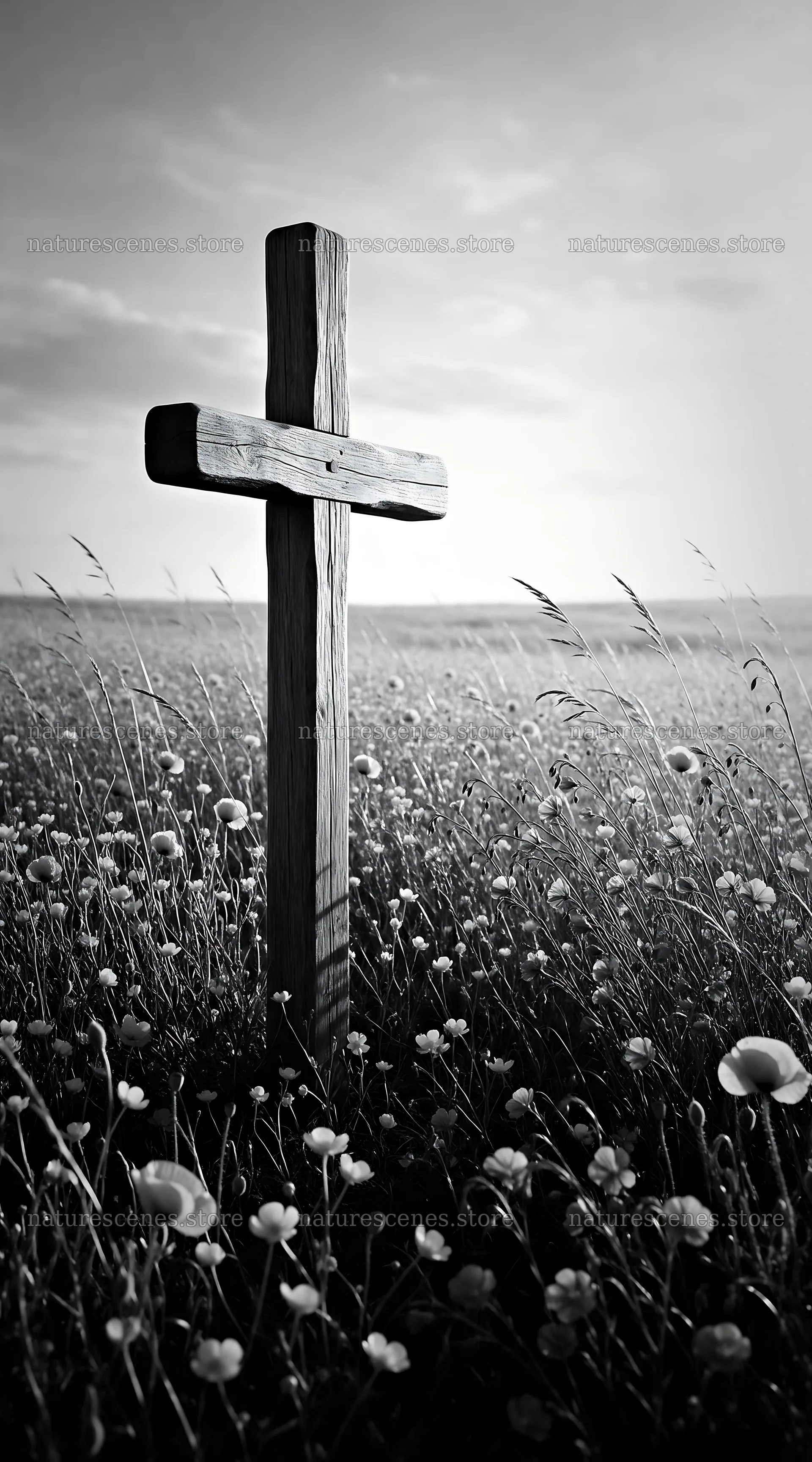 Wooden cross in meadow during sunrise with light rays – nature scenes 5916x10648