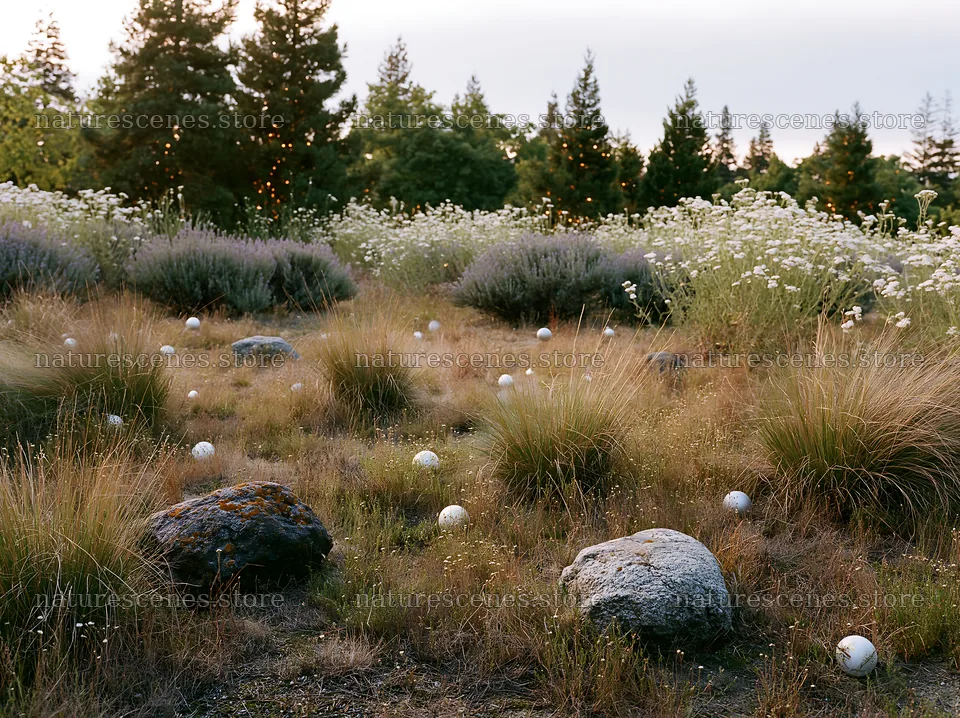 Expansive Christmas meadow with grasses, stones, and baubles – nature scenes 9174x6866