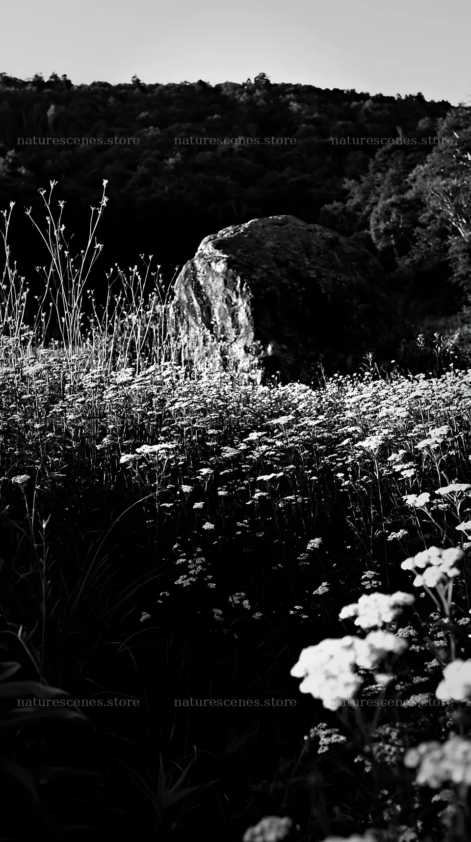 Nagano drought resilient meadow granite boulder in evening light – nature scenes 5938x10608
