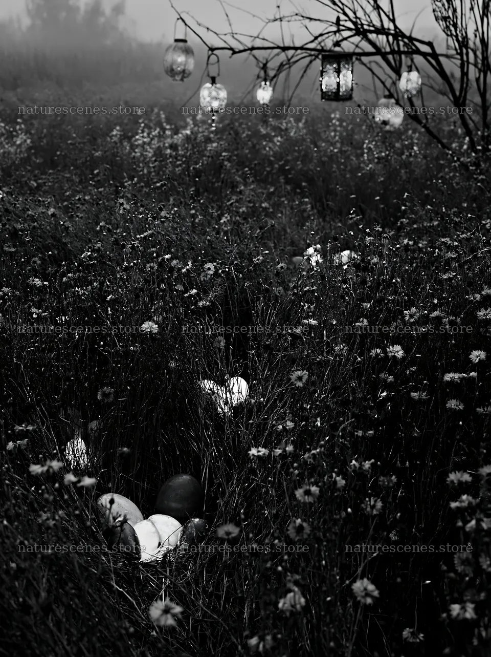 Expansive meadow with blue cornflowers and lanterns at dusk – nature scenes 6866x9174