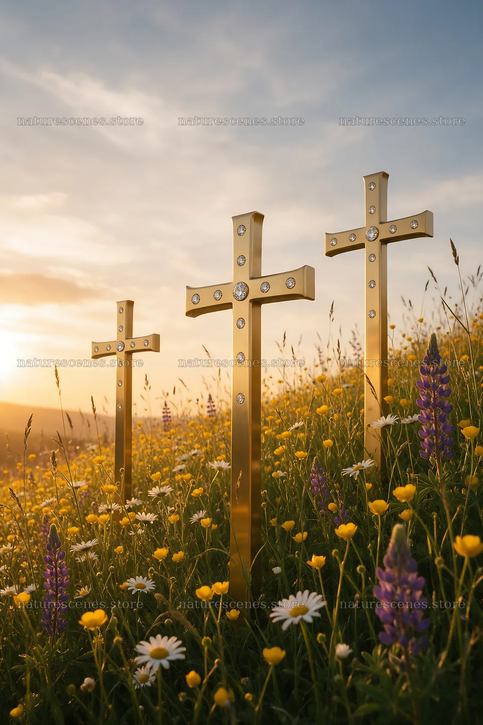 Christian crosses on rolling meadow under sunrise – nature scenes 6480x9722