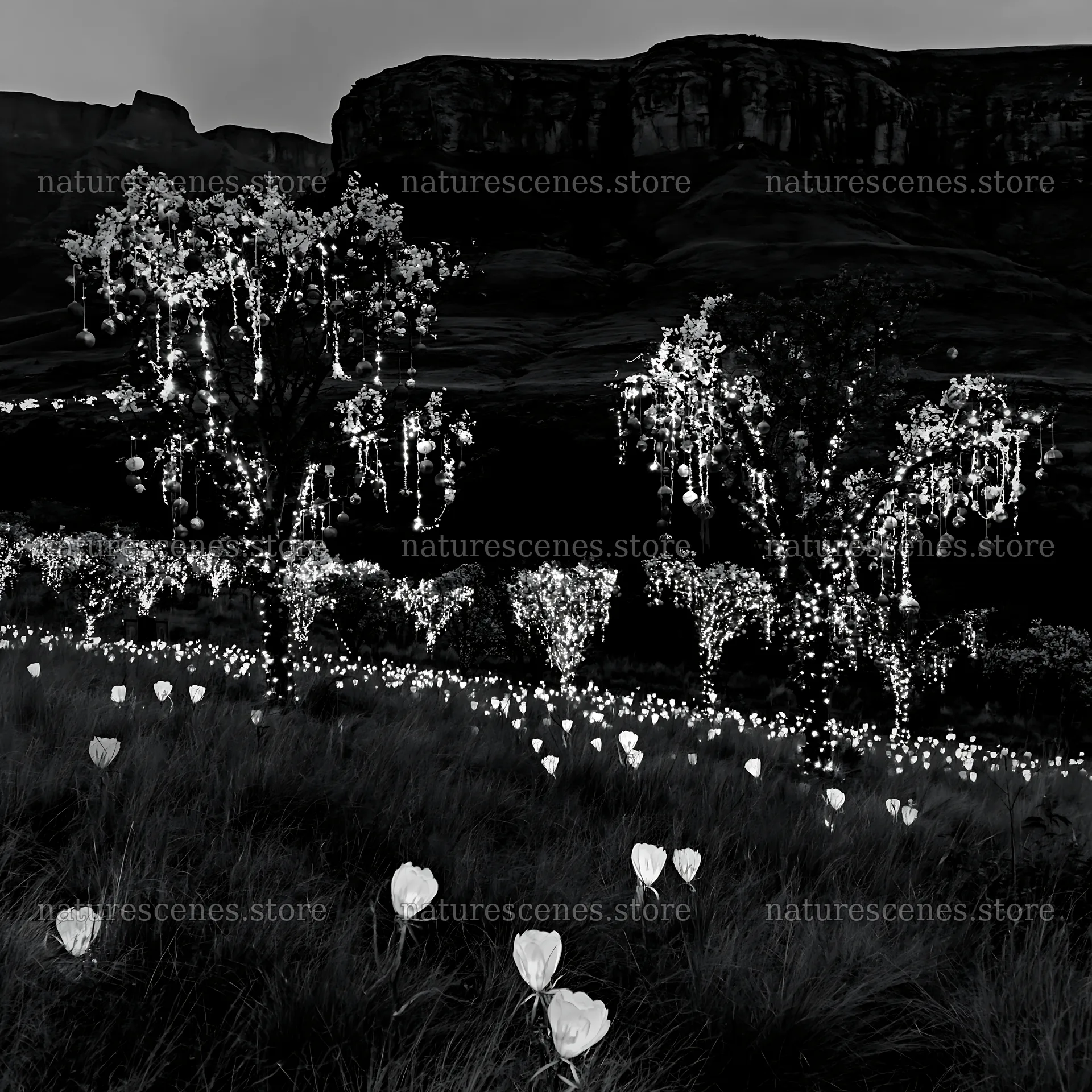 Expansive Christmas meadow with lanterns in Drakensberg – nature scenes 7938x7938