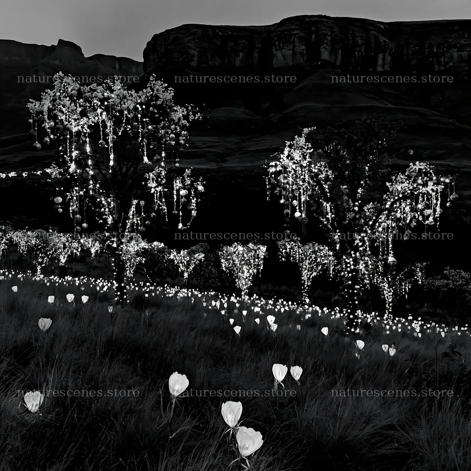 Expansive Christmas meadow with lanterns in Drakensberg – nature scenes 7938x7938
