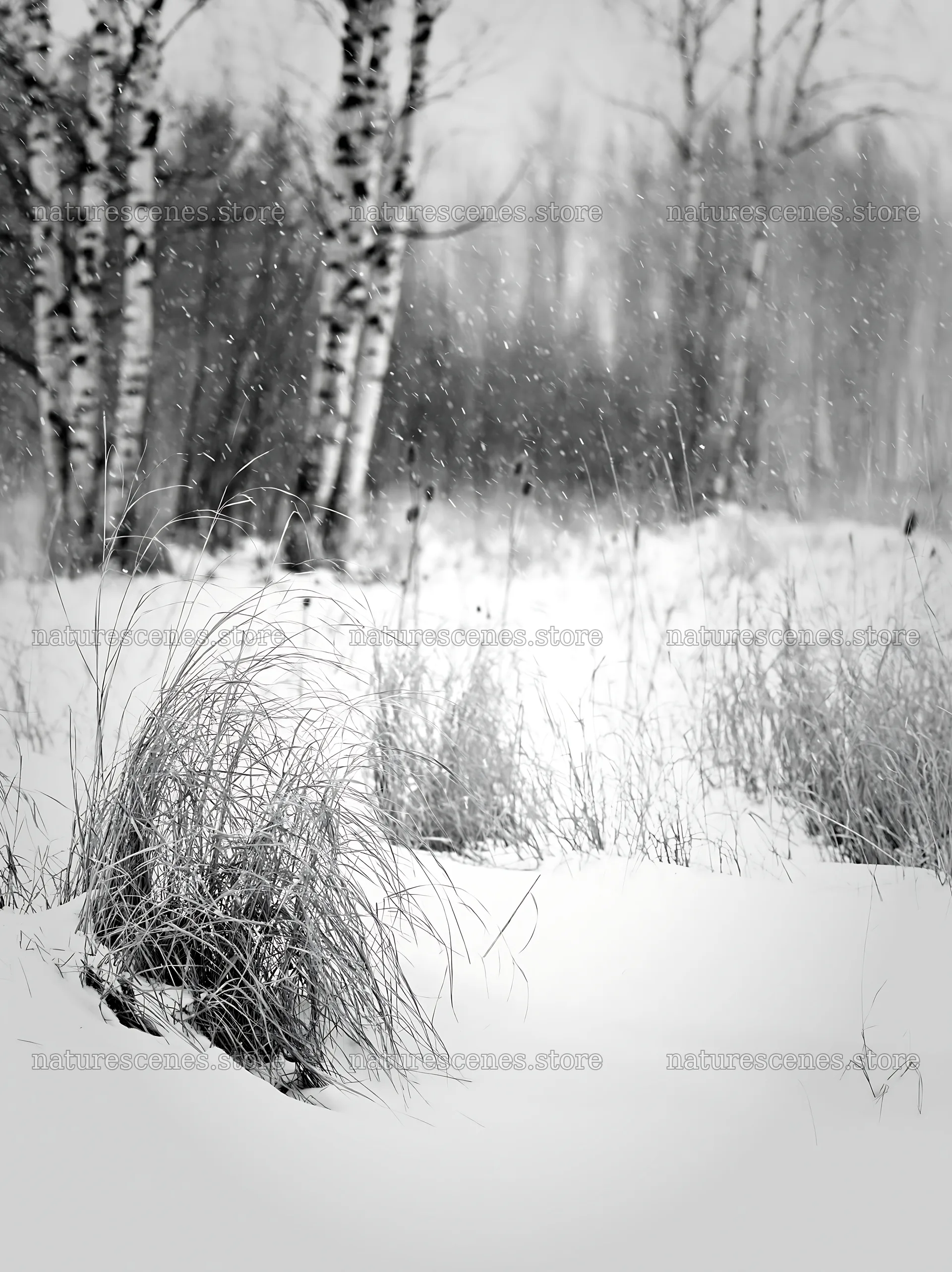 Snowbound meadow with tall grasses and falling snow – nature scenes 6866x9174