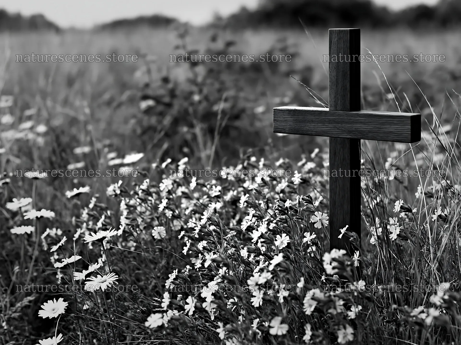 Christian cross in a meadow with flowers during winter – nature scenes 9174x6866