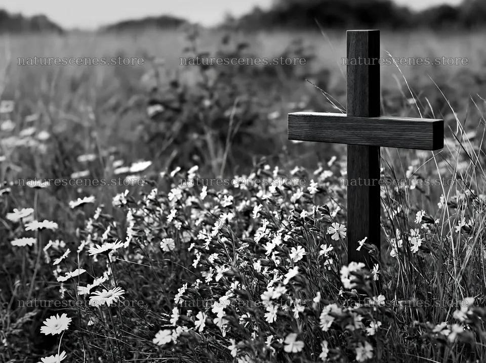 Christian cross in a meadow with flowers during winter – nature scenes 9174x6866