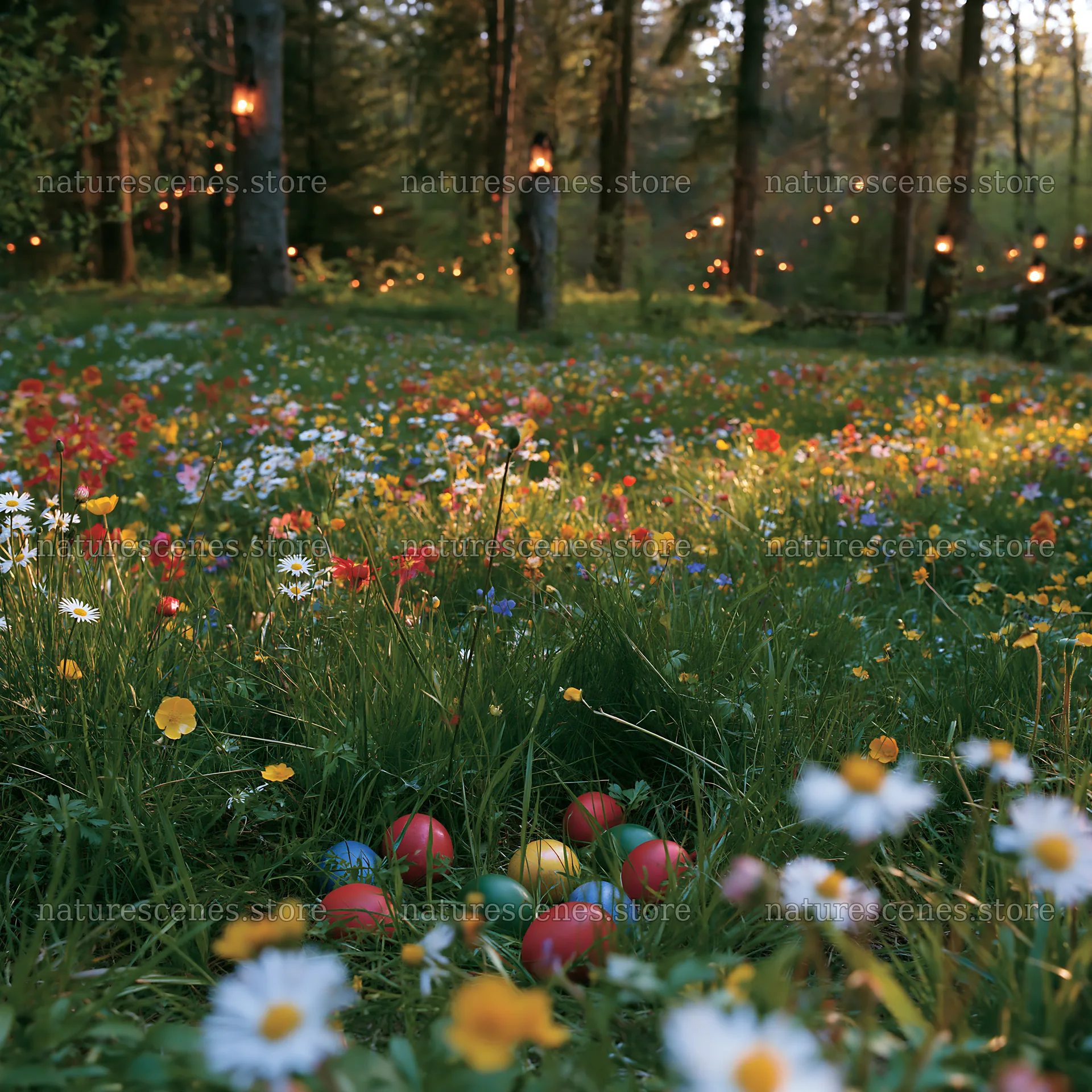 Expansive Christmas meadow with lanterns by ancient forest – nature scenes 7938x7938