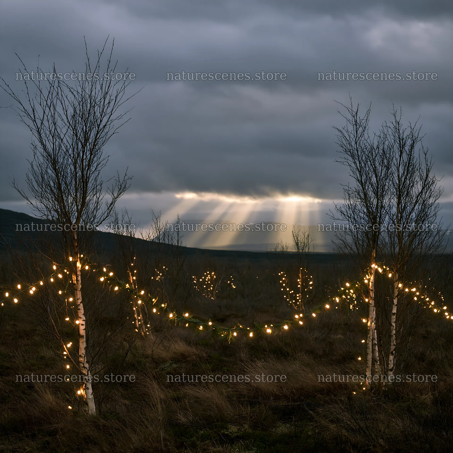 Christmas decorations in meadow under dramatic clouds and sunbeams – nature scenes 7938x7938
