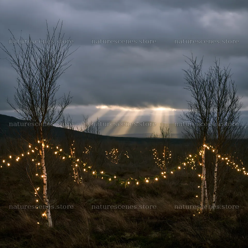 Christmas decorations in meadow under dramatic clouds and sunbeams – nature scenes 7938x7938