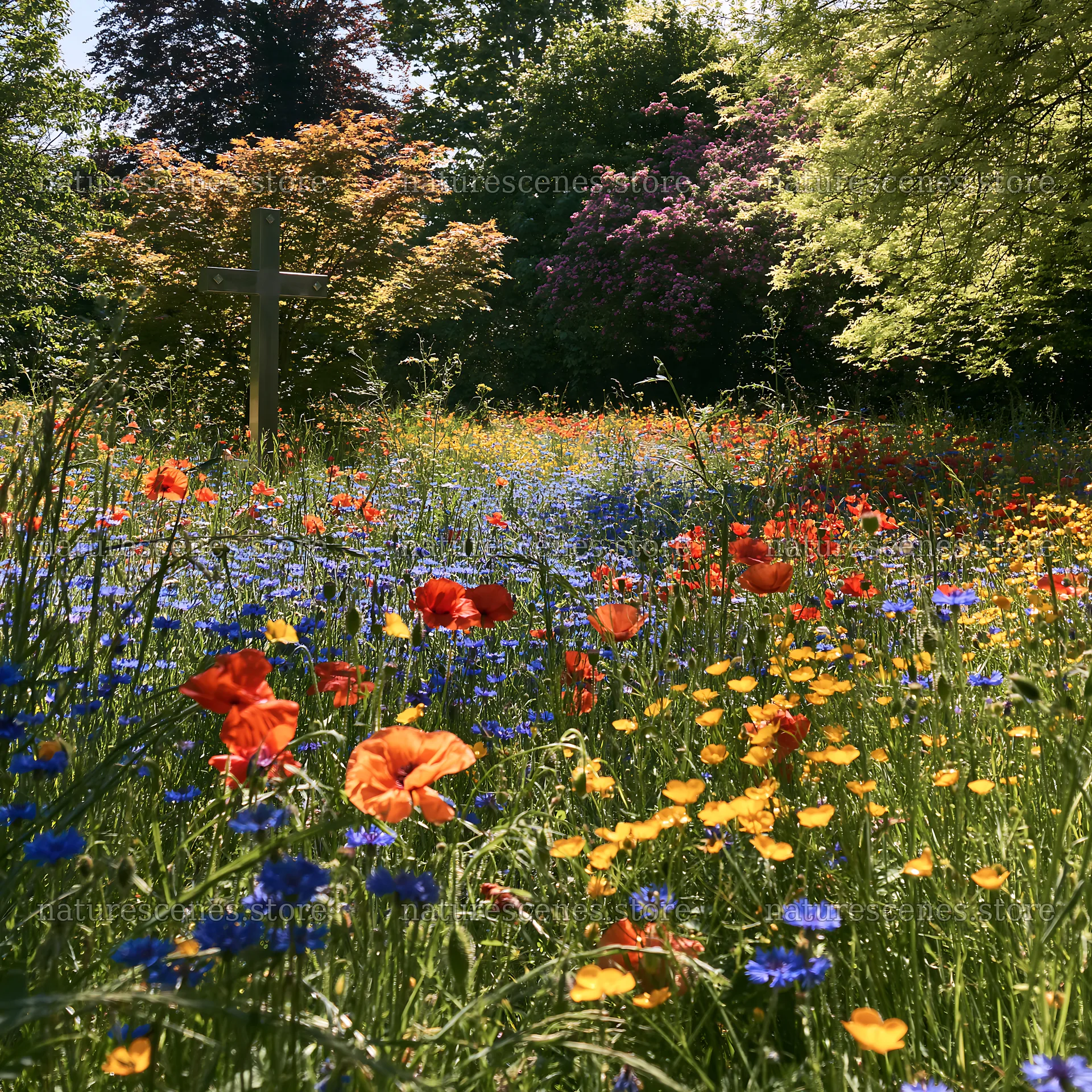 Christian cross beside mineral spring meadow with wildflowers – nature scenes 7938x7938