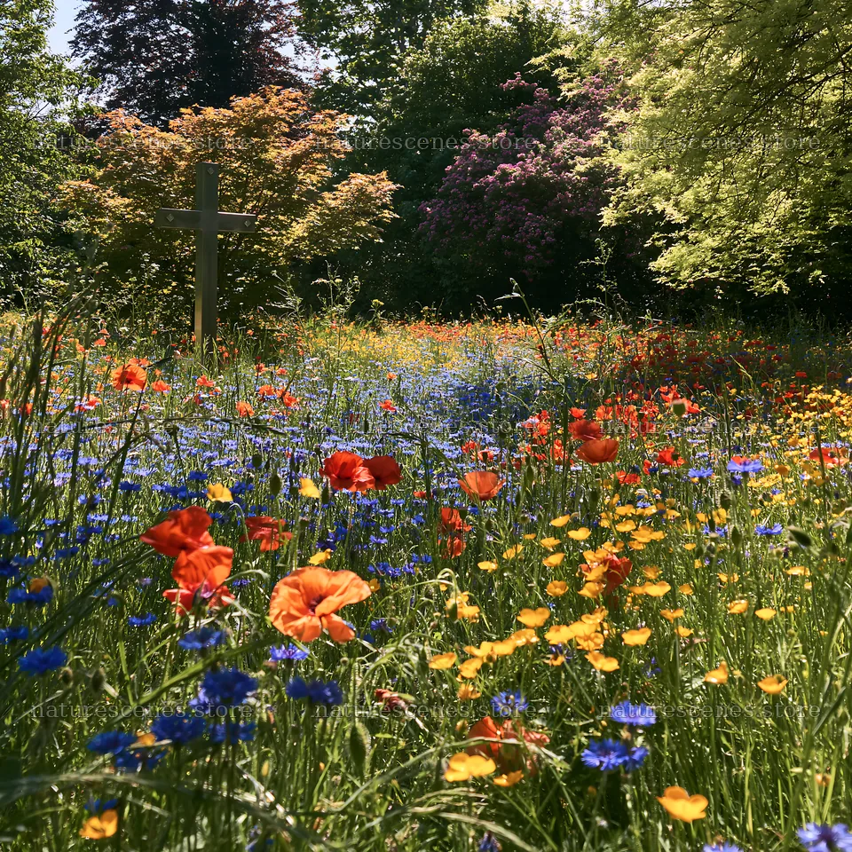 Christian cross beside mineral spring meadow with wildflowers – nature scenes 7938x7938