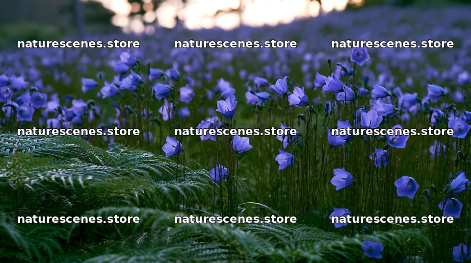 Tokushima mountain meadow fern frond foreground with blooming flowers – nature scenes 10608x5938