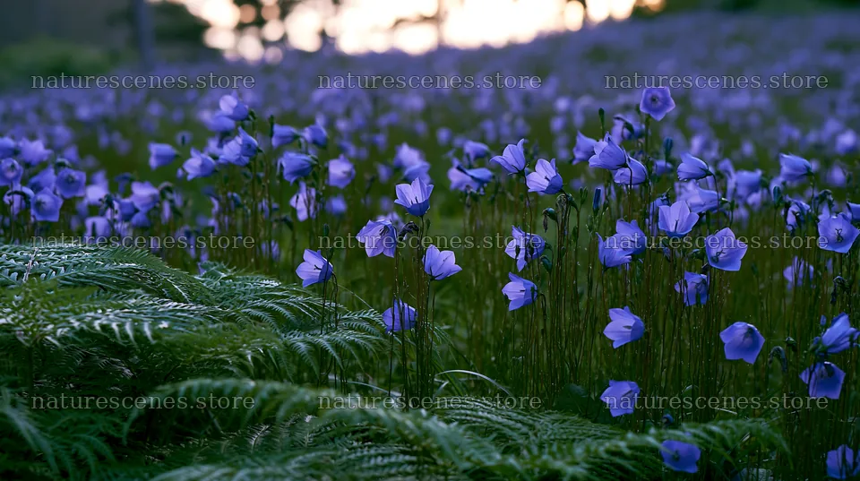 Tokushima mountain meadow fern frond foreground with blooming flowers – nature scenes 10608x5938